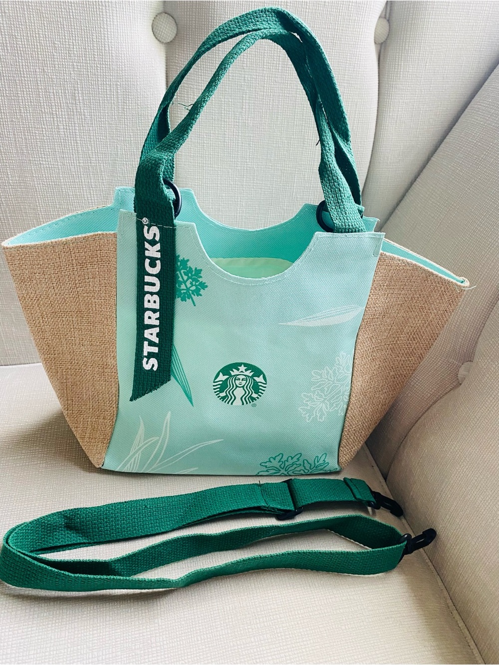 Starbucks Mint and Dark Green Canvas & Burlap Tote